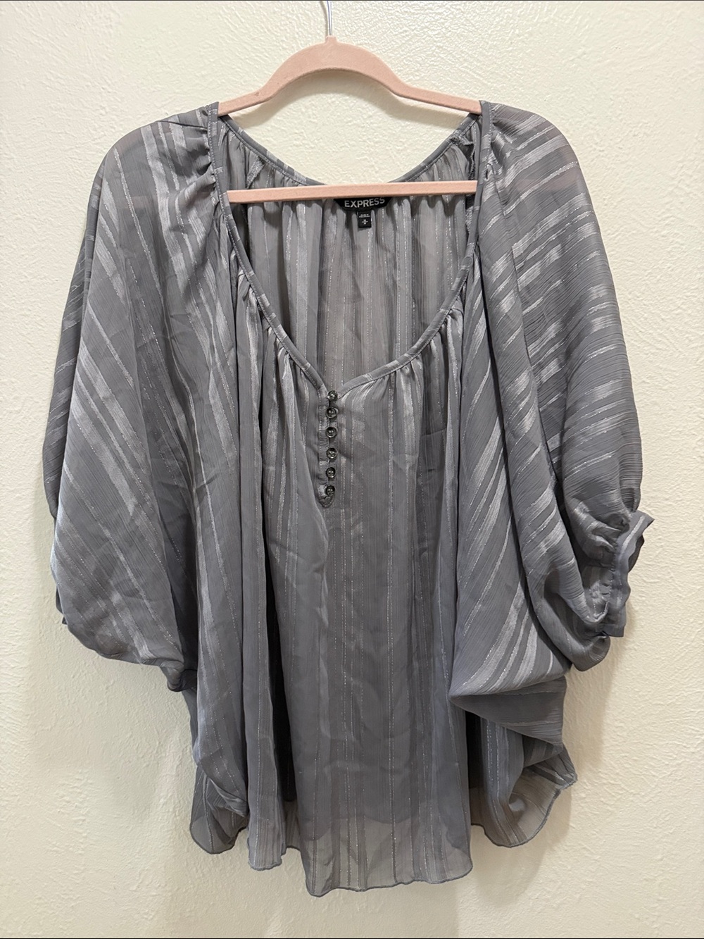 Express Silver-Gray Sheer Striped Peasant Top